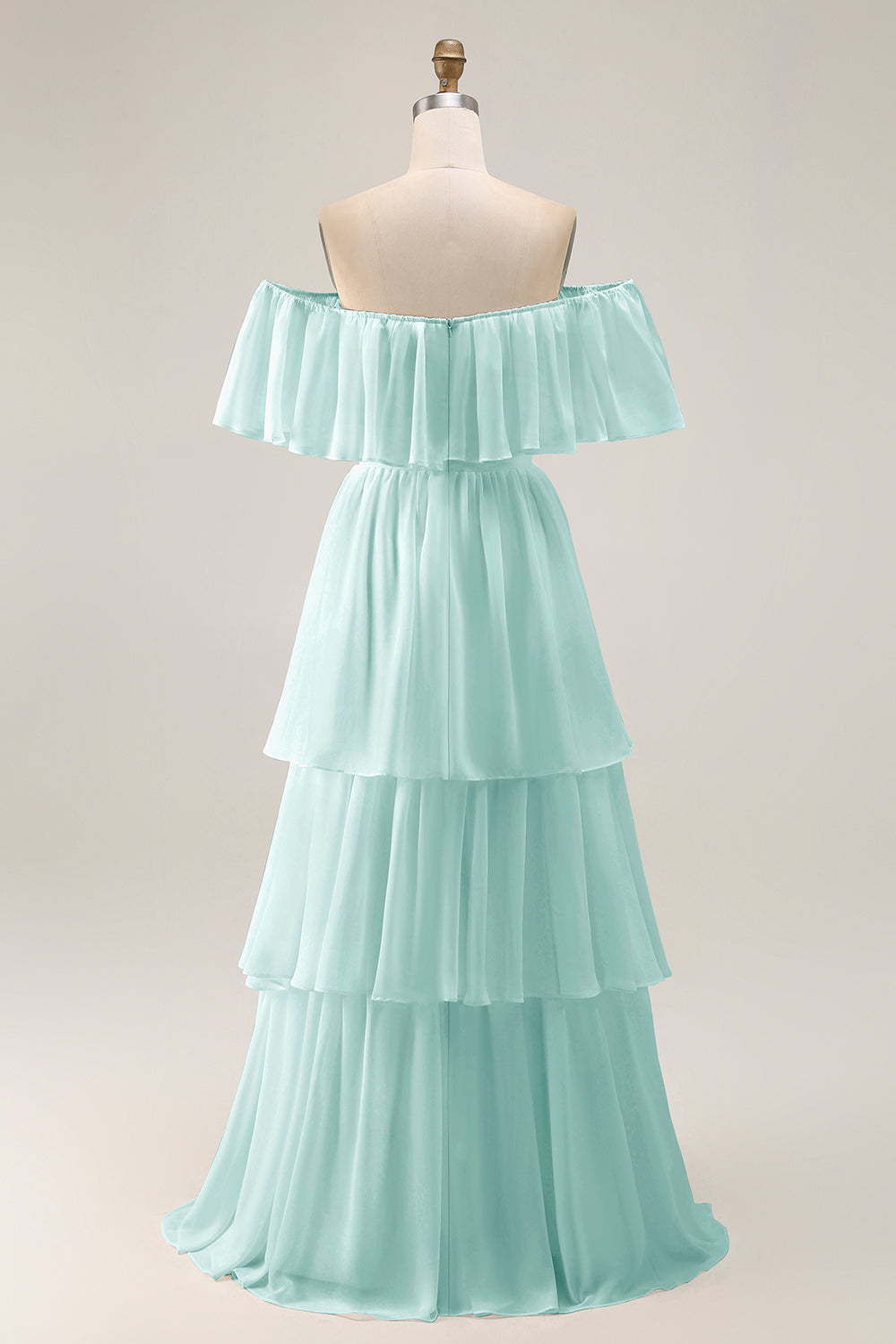 White Chiffon Tiered Off the Shoulder Boho Sweep Train Wedding Dress