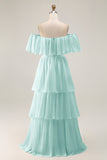 White Chiffon Tiered Off the Shoulder Boho Sweep Train Wedding Dress