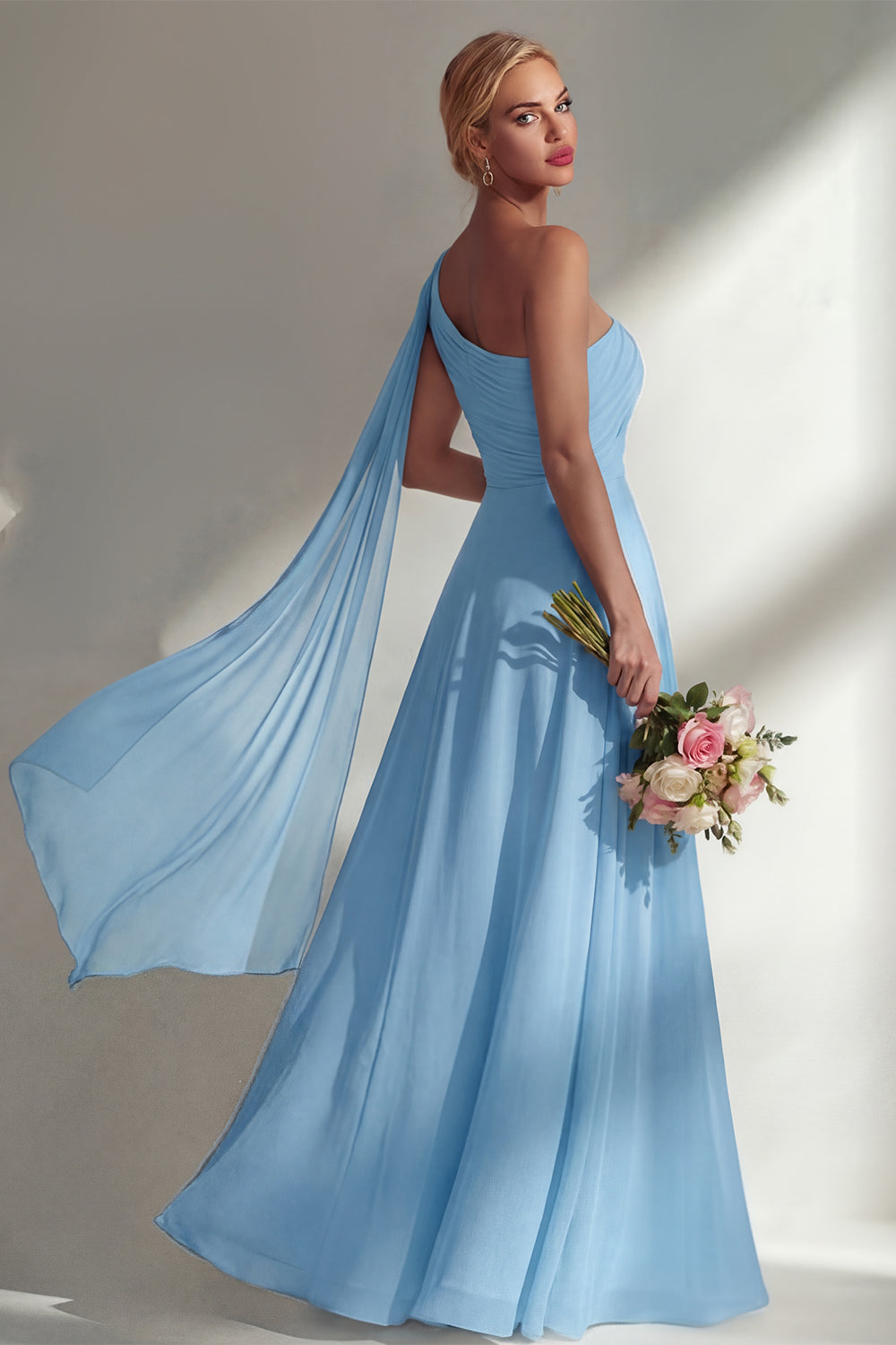 One Shoulder Ruched Burgundy A Line Long Beach Bridesmaid Dress with Side Cape