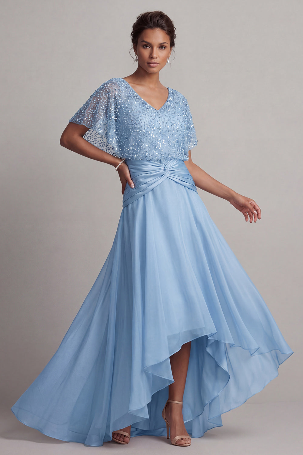 Sparkly Champagne Asymmetrical Ruched Sequin A Line Mother of the Bride Dress