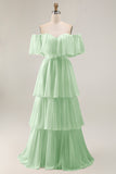 White Chiffon Tiered Off the Shoulder Boho Sweep Train Wedding Dress