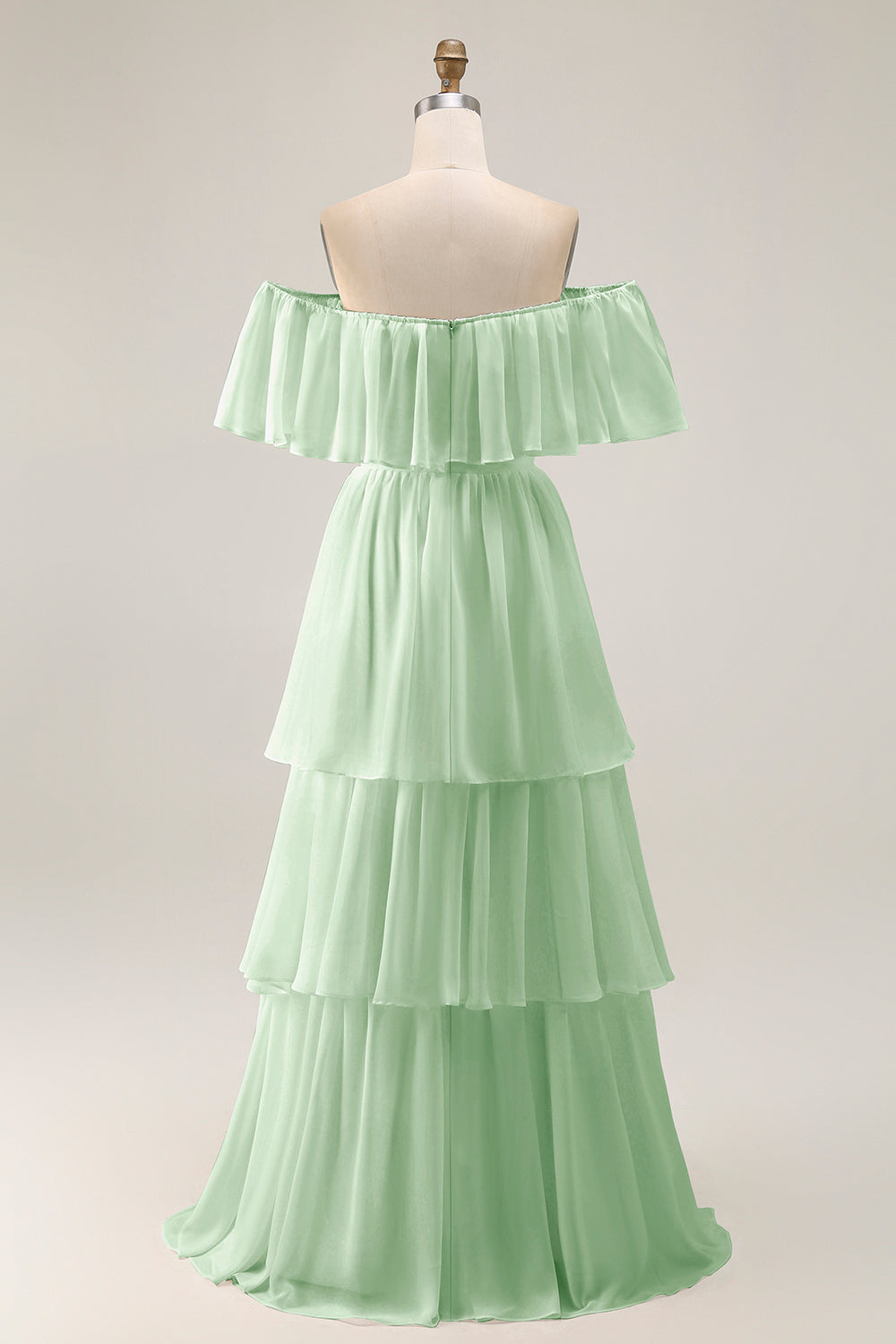 White Chiffon Tiered Off the Shoulder Boho Sweep Train Wedding Dress