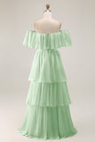 White Chiffon Tiered Off the Shoulder Boho Sweep Train Wedding Dress