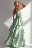 Light Blue A Line Ruffled Square Neck Long Wedding Guest Dress
