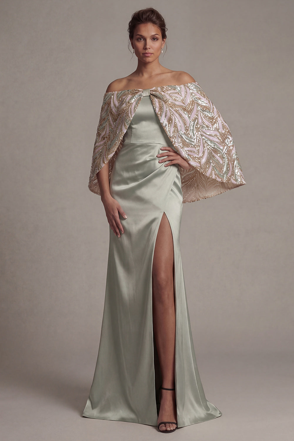 Long Sparkly Champagne Sequin Mermaid Mother of the Bride Dress with Cape