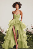 A Line Sweetheart Ruffled Navy Prom Dress with Front Slit