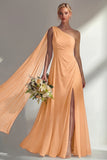 One Shoulder Ruched Burgundy A Line Long Beach Bridesmaid Dress with Side Cape
