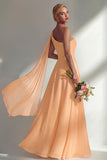 One Shoulder Ruched Burgundy A Line Long Beach Bridesmaid Dress with Side Cape