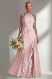 A Line High Neck Ruffled Butter Yellow Long Beach Bridesmaid Dress with Slit