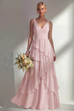 V-Neck A Line Light Pink Long Beach Bridesmaid Dress with Ruffles