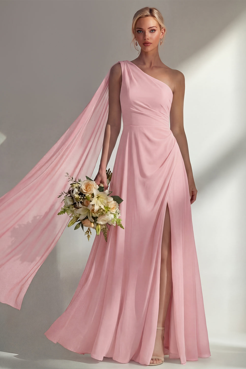 One Shoulder Ruched Burgundy A Line Long Beach Bridesmaid Dress with Side Cape