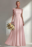 Boat Neck A Line Dusty Blue Long Beach Bridesmaid Dress with Ruffles