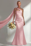 Burgundy Satin Mermaid Neck Scarf Ruched Long Prom Dress