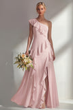 Emerald One shoulder A Line Ruffled Long Beach Bridesmaid Dress with Slit