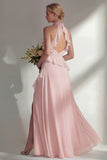 A Line High Neck Ruffled Butter Yellow Long Beach Bridesmaid Dress with Slit