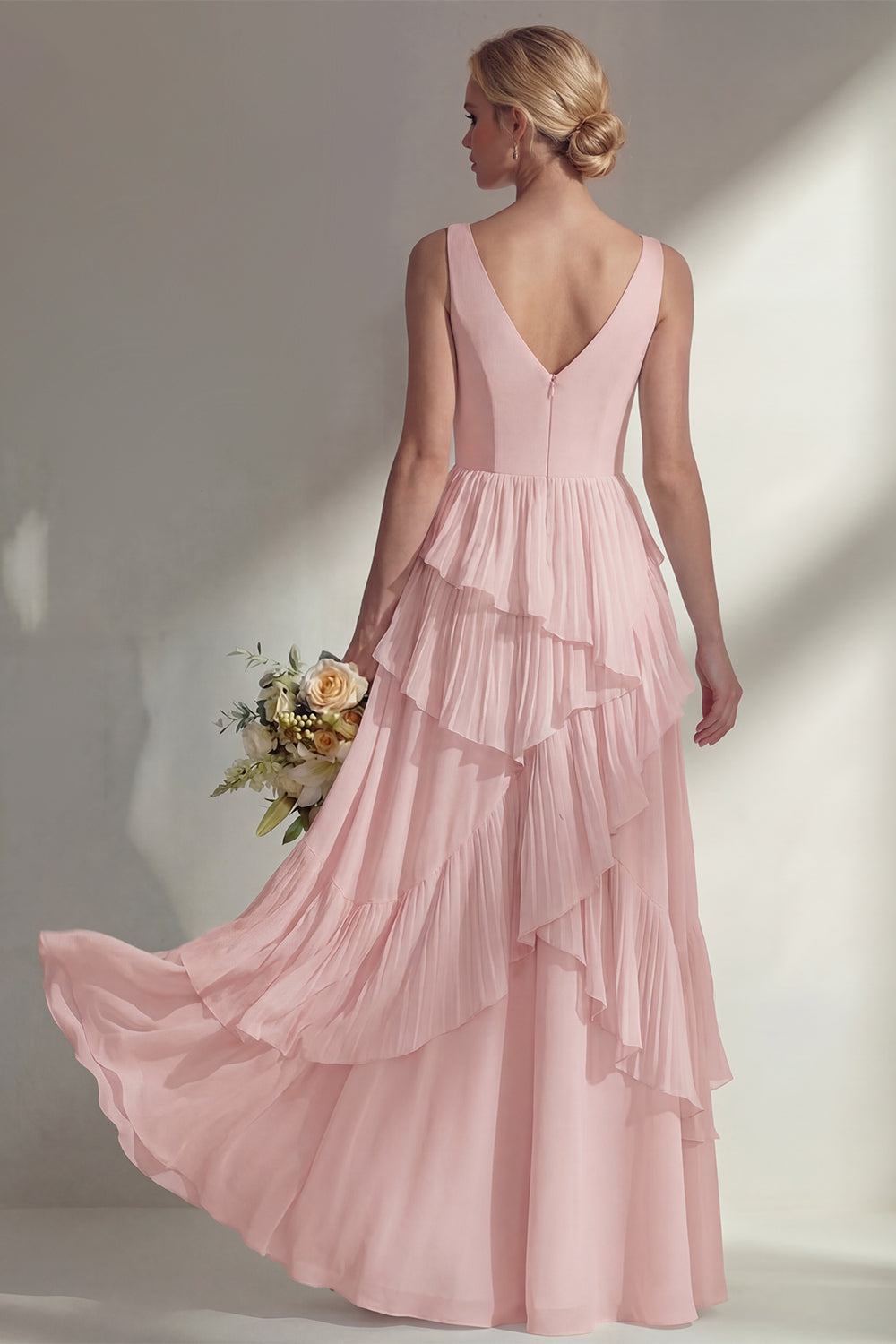 V-Neck A Line Light Pink Long Beach Bridesmaid Dress with Ruffles