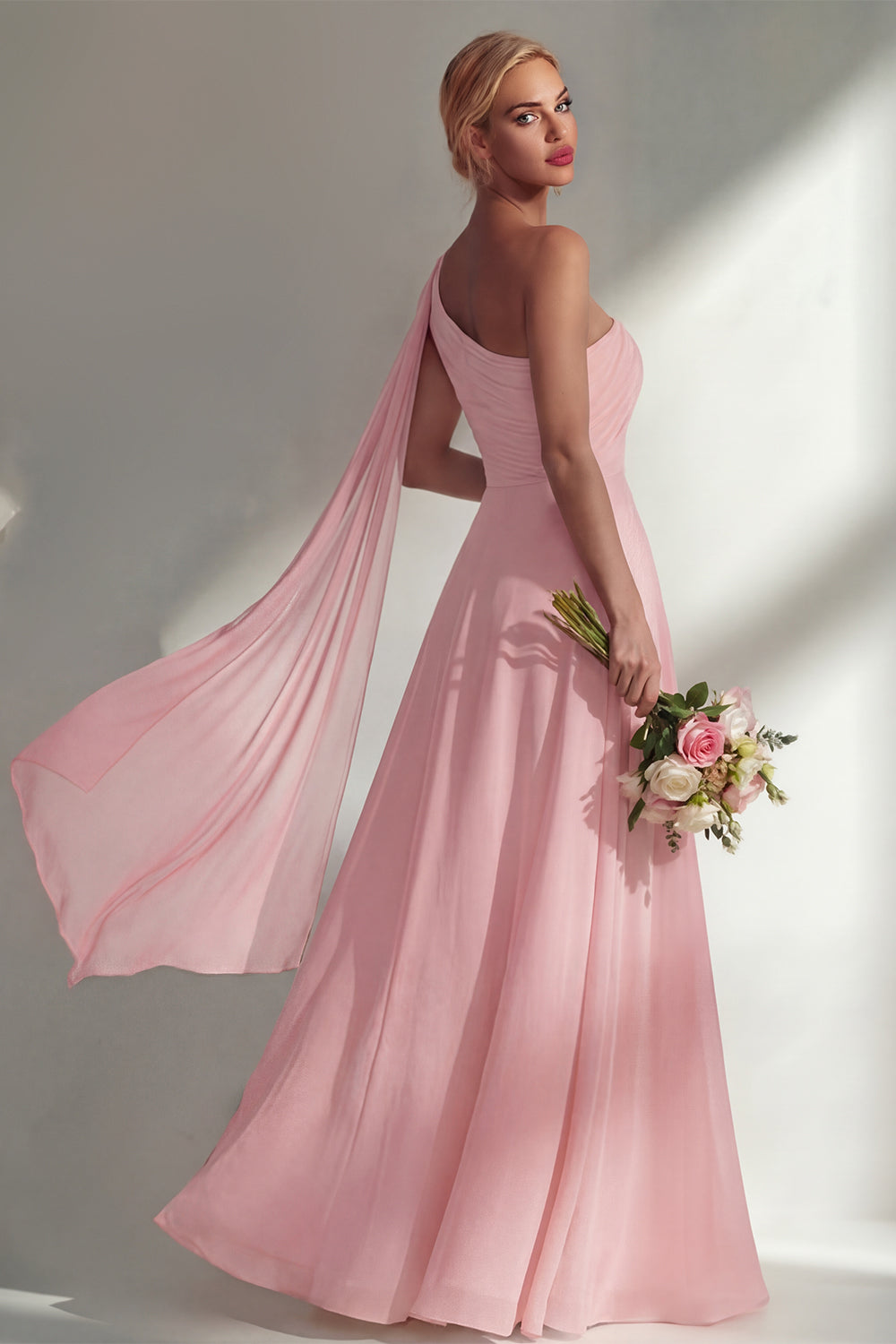 One Shoulder Ruched Burgundy A Line Long Beach Bridesmaid Dress with Side Cape