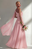 One Shoulder Ruched Burgundy A Line Long Beach Bridesmaid Dress with Side Cape