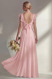 Boat Neck A Line Dusty Blue Long Beach Bridesmaid Dress with Ruffles