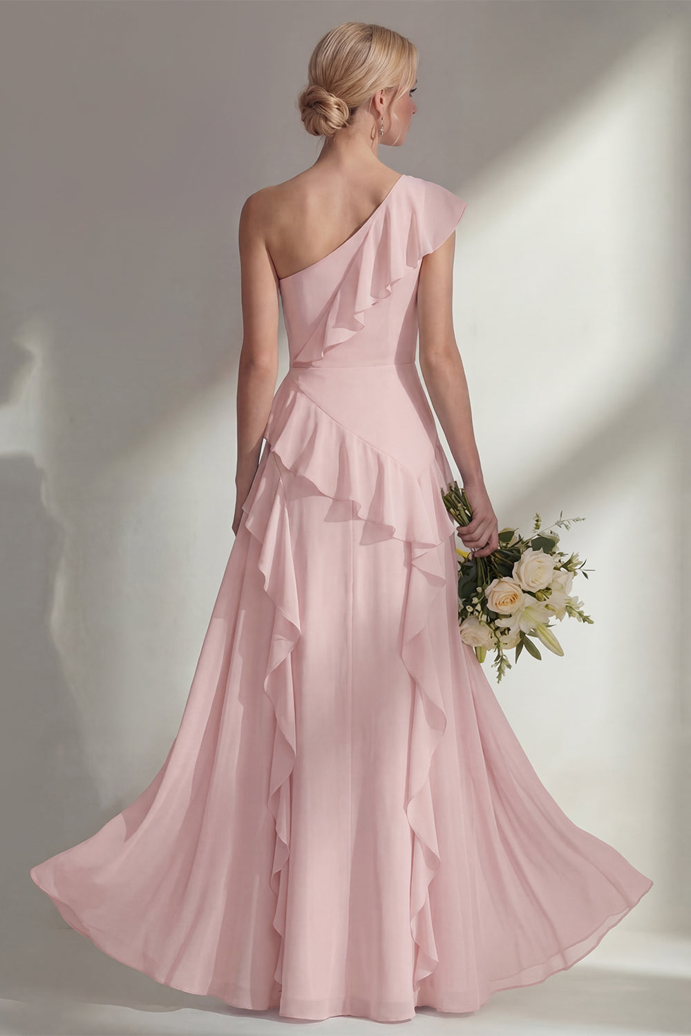Emerald One shoulder A Line Ruffled Long Beach Bridesmaid Dress with Slit