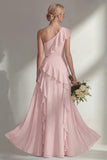 Emerald One shoulder A Line Ruffled Long Beach Bridesmaid Dress with Slit
