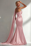 Burgundy Satin Mermaid Neck Scarf Ruched Long Prom Dress