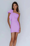 Lilac Satin One Shoulder Short Tight Graduation Dress with Bow