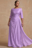 Dusty Sage Bateau Neck A Line Long Mother of the Bride Dress with Sleeves