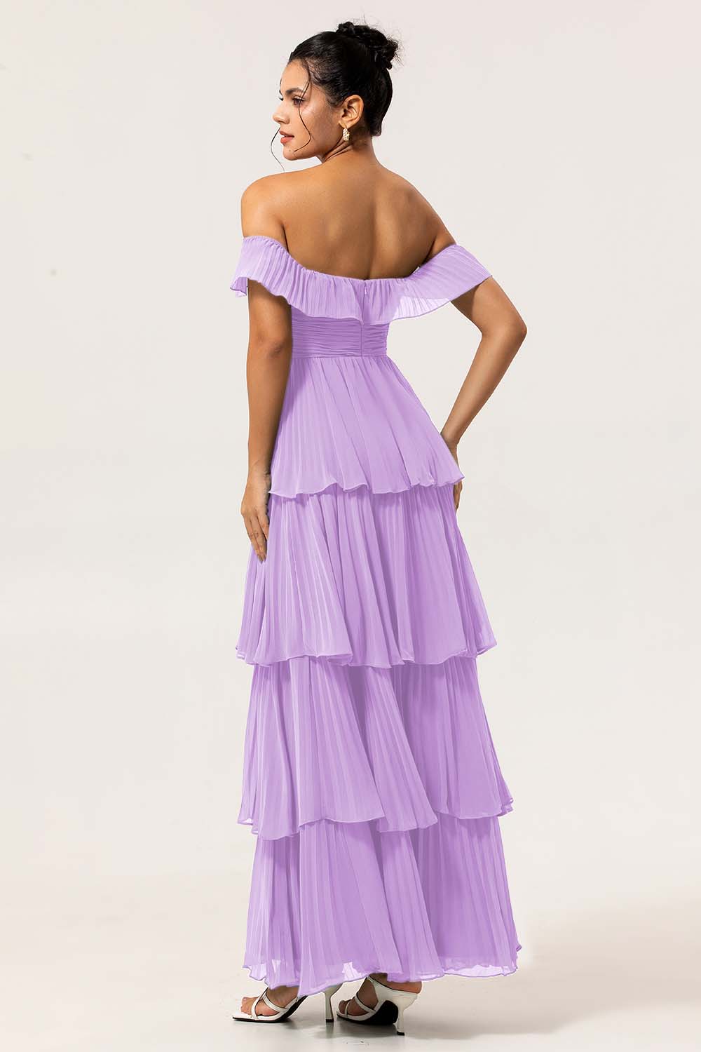 Eucalyptus Off The Shoulder Pleated Long Tiered Bridesmaid Dress