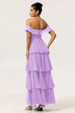 Eucalyptus Off The Shoulder Pleated Long Tiered Bridesmaid Dress