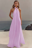 White Halter Neck A Line Long Chiffon Rehearsal Dinner Dress