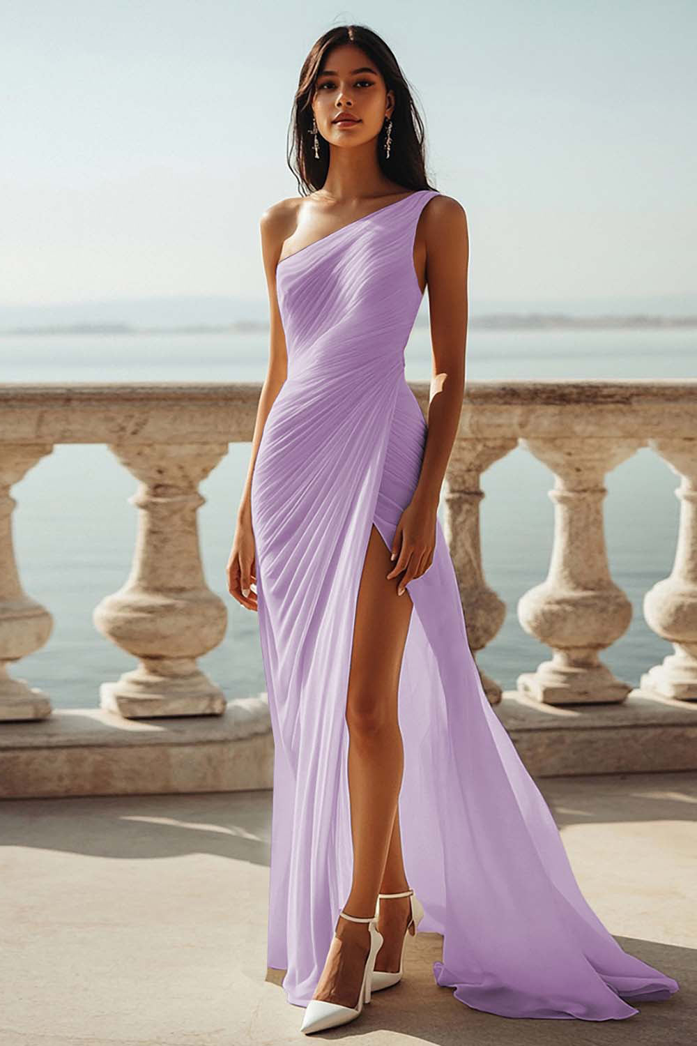 Ivory Chiffon One Shoulder Beach Maxi Engagement Dress with Slit