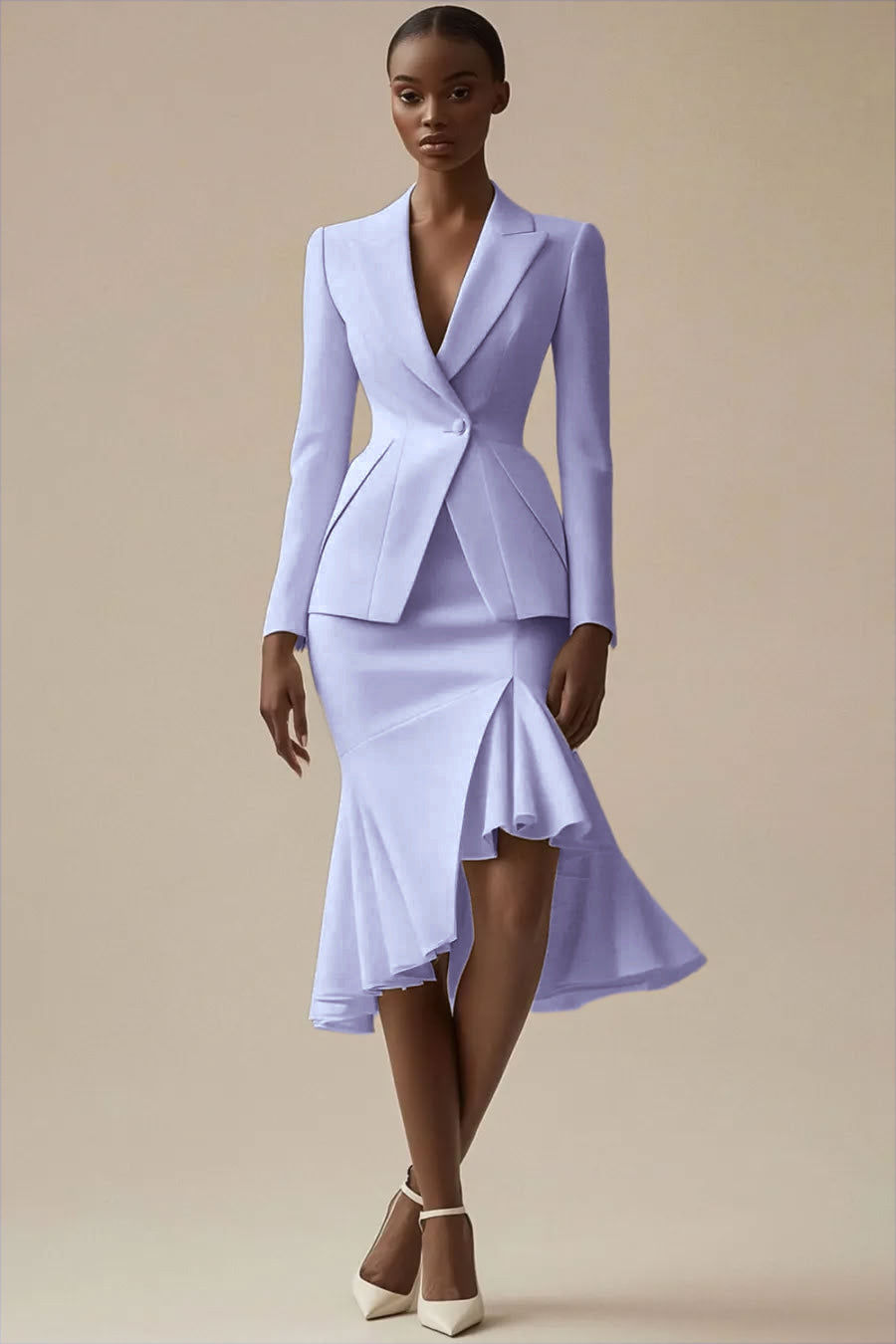 Ivory Satin 2 Piece Peak Lapel Bodycon Midi Business Suits