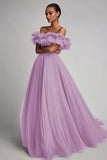 Dusty Sage Off the Shoulder Long Tulle Formal Dress with Ruffles