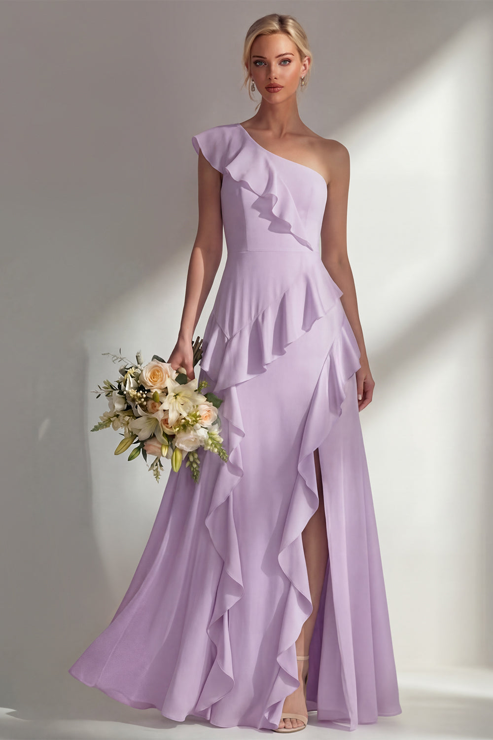 Emerald One shoulder A Line Ruffled Long Beach Bridesmaid Dress with Slit