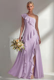 Emerald One shoulder A Line Ruffled Long Beach Bridesmaid Dress with Slit