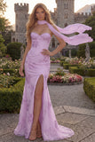 Yellow Corset Floral Mermaid Strapless Long Prom Dress with Slit