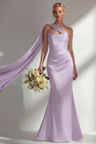Burgundy Satin Mermaid Neck Scarf Ruched Long Prom Dress