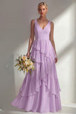 V-Neck A Line Light Pink Long Beach Bridesmaid Dress with Ruffles
