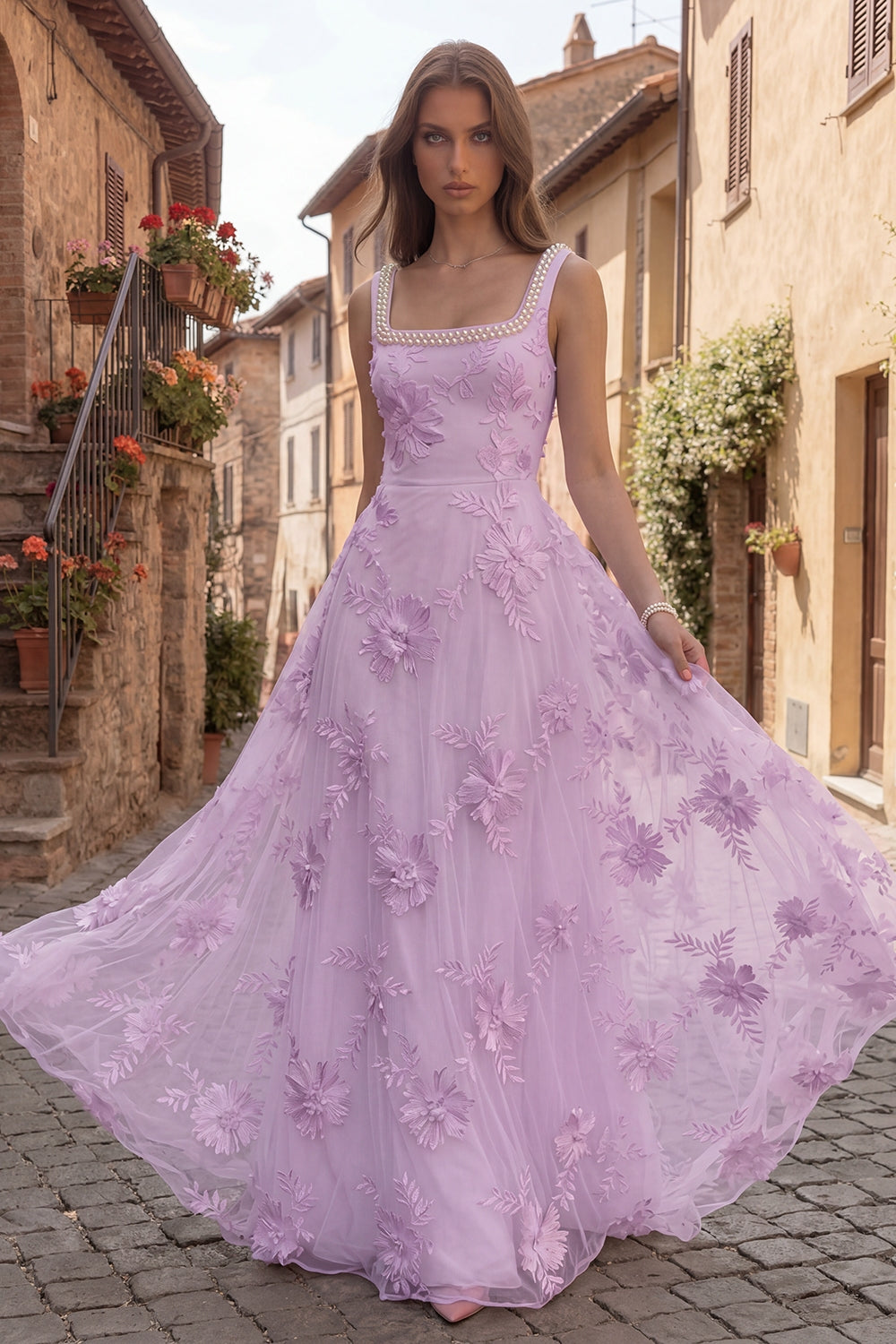 Yellow Floral Beaded A Line Square Neck Long Prom Dress