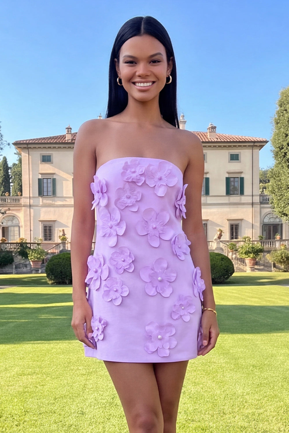 Hot Pink Short Floral Strapless Homecoming Dress