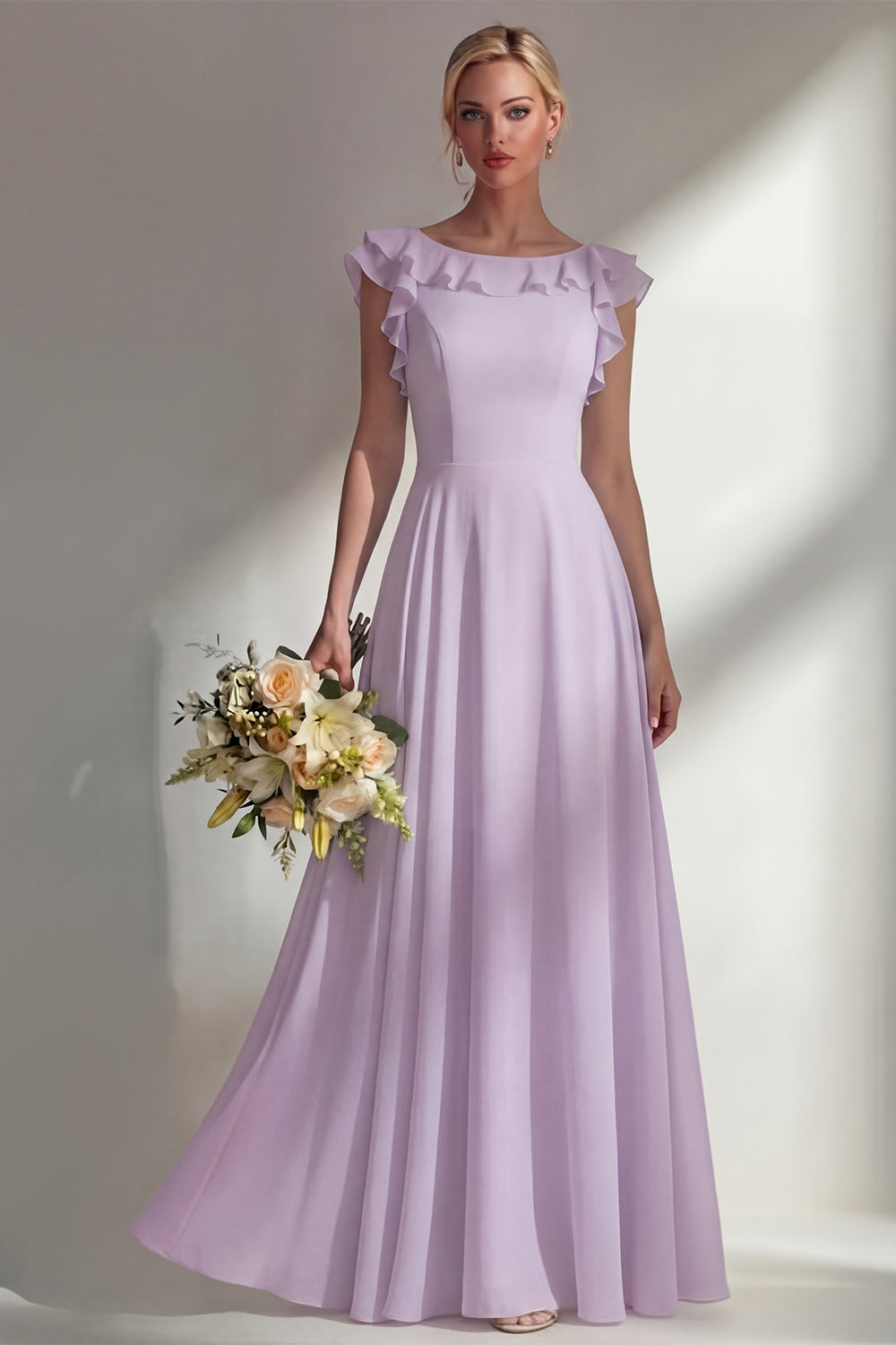 Boat Neck A Line Dusty Blue Long Beach Bridesmaid Dress with Ruffles