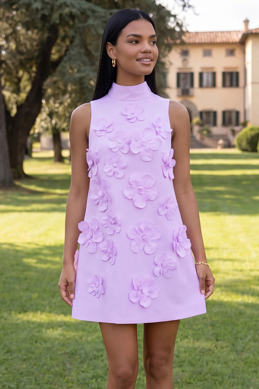 Hot Pink Short Floral High Neck A Line Homecoming Dress