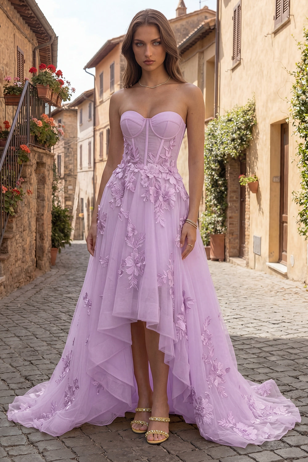 A Line Yellow Corset Floral Strapless High-Low Prom Dress with Ruffles