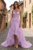 A Line Yellow Corset Floral Strapless High-Low Prom Dress with Ruffles