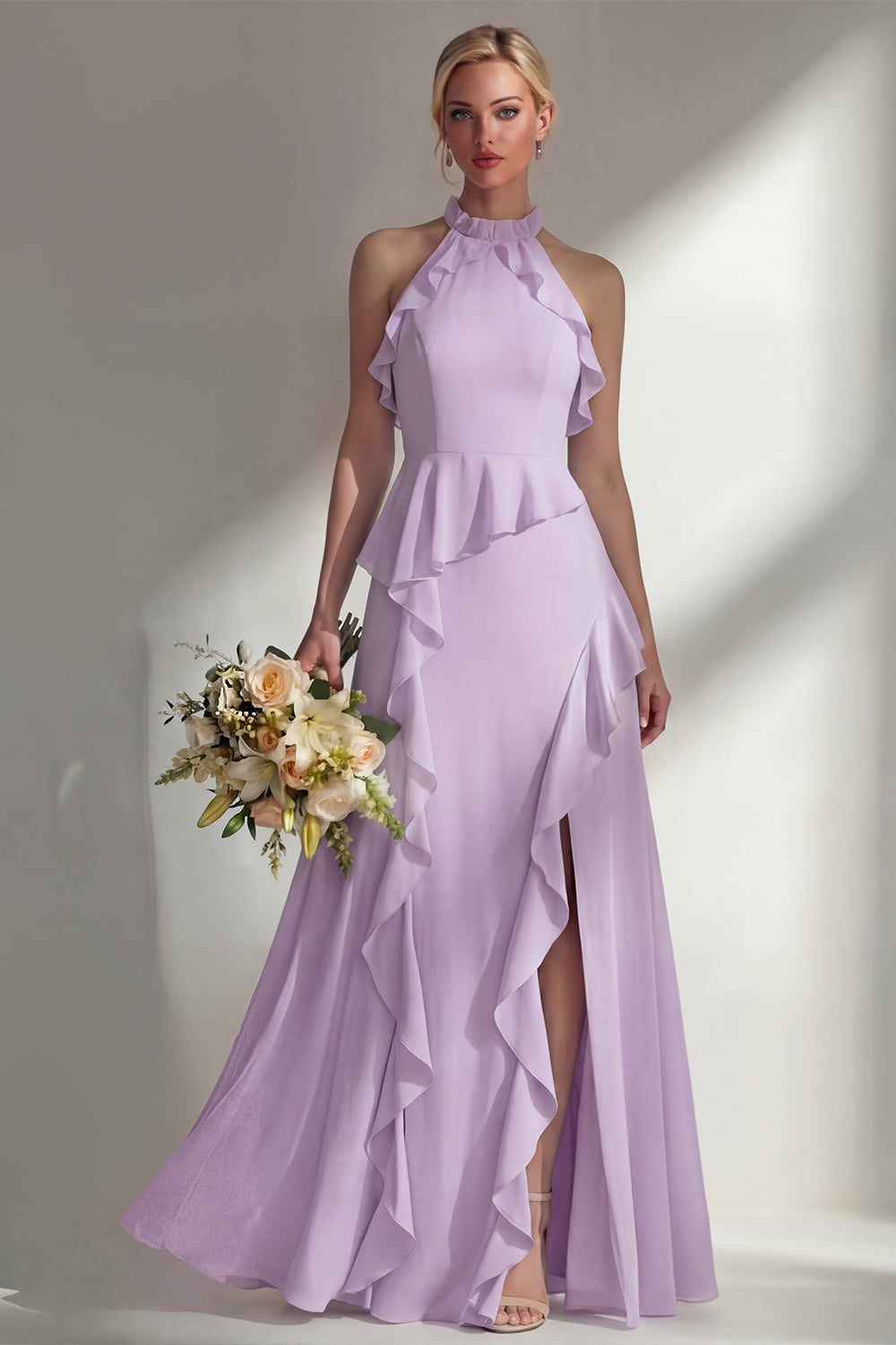 A Line High Neck Ruffled Butter Yellow Long Beach Bridesmaid Dress with Slit
