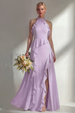 A Line High Neck Ruffled Butter Yellow Long Beach Bridesmaid Dress with Slit