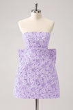 Fuchsia A Line Floral Strapless Short Homecoming Dress With Bow