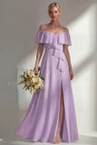 Off the Shoulder A Line Ruffled Sage Green Long Beach Bridesmaid Dress with Slit