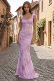 Floral Yellow Mermaid Square Neck Long Prom Dress with Pearls